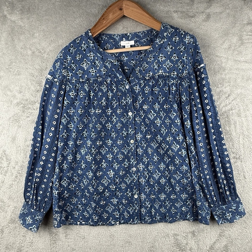 J.Jill Top Womens M Blue Mixed Print Seersucker Cotton Button Up Billow Sleeves